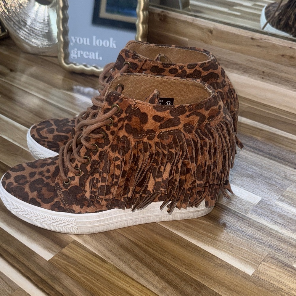 Not Rated  wedge Leopard Print Fringe High-Top Sneakers - Brown